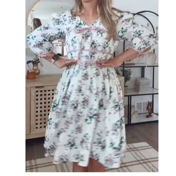 Stock Place The Label Floral 3/4 Sleeves V-Neck Fit Flare Dress Women Sz L - Picture 8 of 12